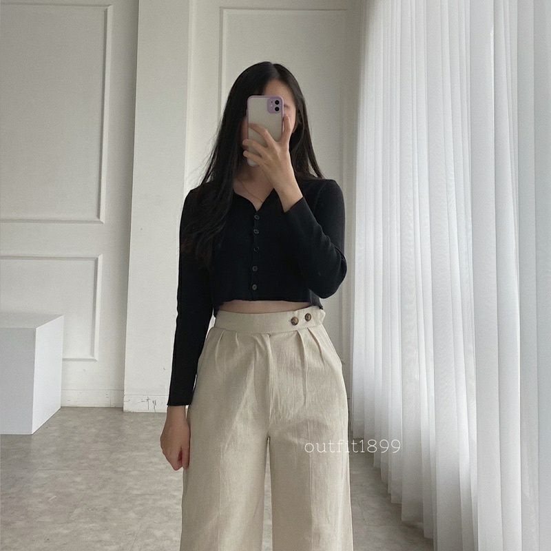 Celana Wanita Linen Hightwaist Premium 2240 Celana Basic Pants Side Button Kekininan