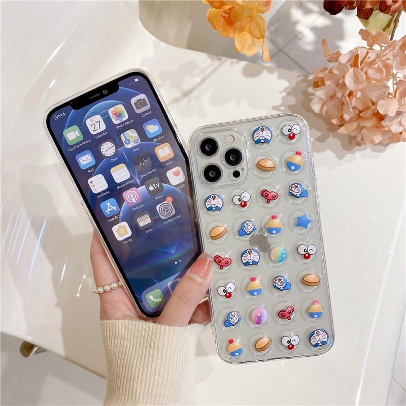 Fashion Cartoon cute Doraemon extrusion bubble Anti-fall phone case iPhone 11 12 Pro Max X XS XR 7 8 Plus SE 2020 transparent Shockproof Case