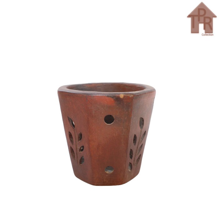 Gerabah | pot tanah liat | pot segi-8 bolong ornamen daun - D18