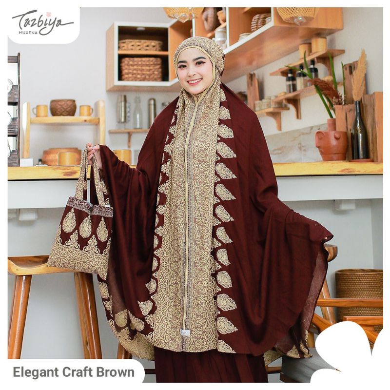 Mukena Tazbiya Sejadah Elegant Craft Khaki Dewasa Jumbo Katun Rayon Motif