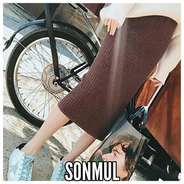 WOMAN WINTER KNITTED MIDI SLIT SKIRT IMPORT ROK WANITA RAJUT MUSIM DINGIN