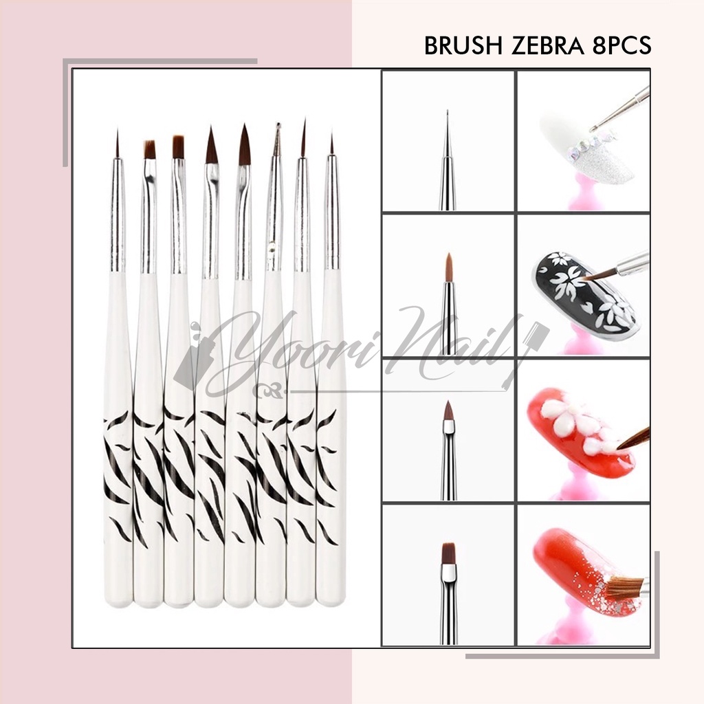 Kuas zebra brush kuas acrylic kuas gel brush 8pcs set acrylic brush dotting