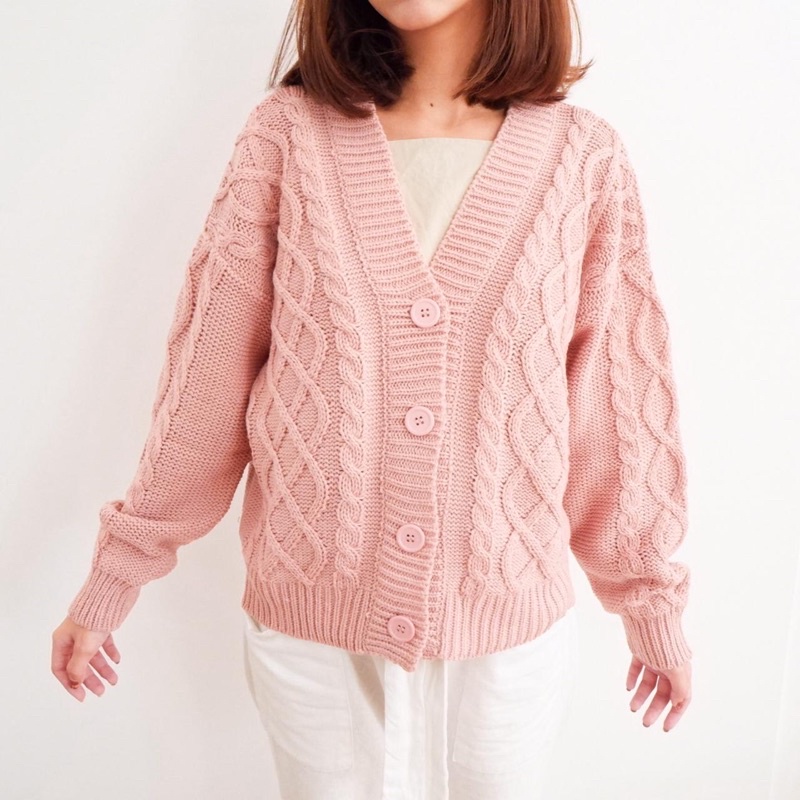 Vintage House Cross Crop Cardi (Cardigan Rajut Cable Wanita Korea / Korean Cardigan)-Rose