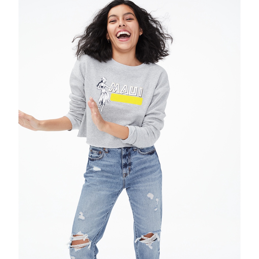 AEROPOSTALE Crop Sweater MAUI Sweatshirt Grey Misty Fleece Original