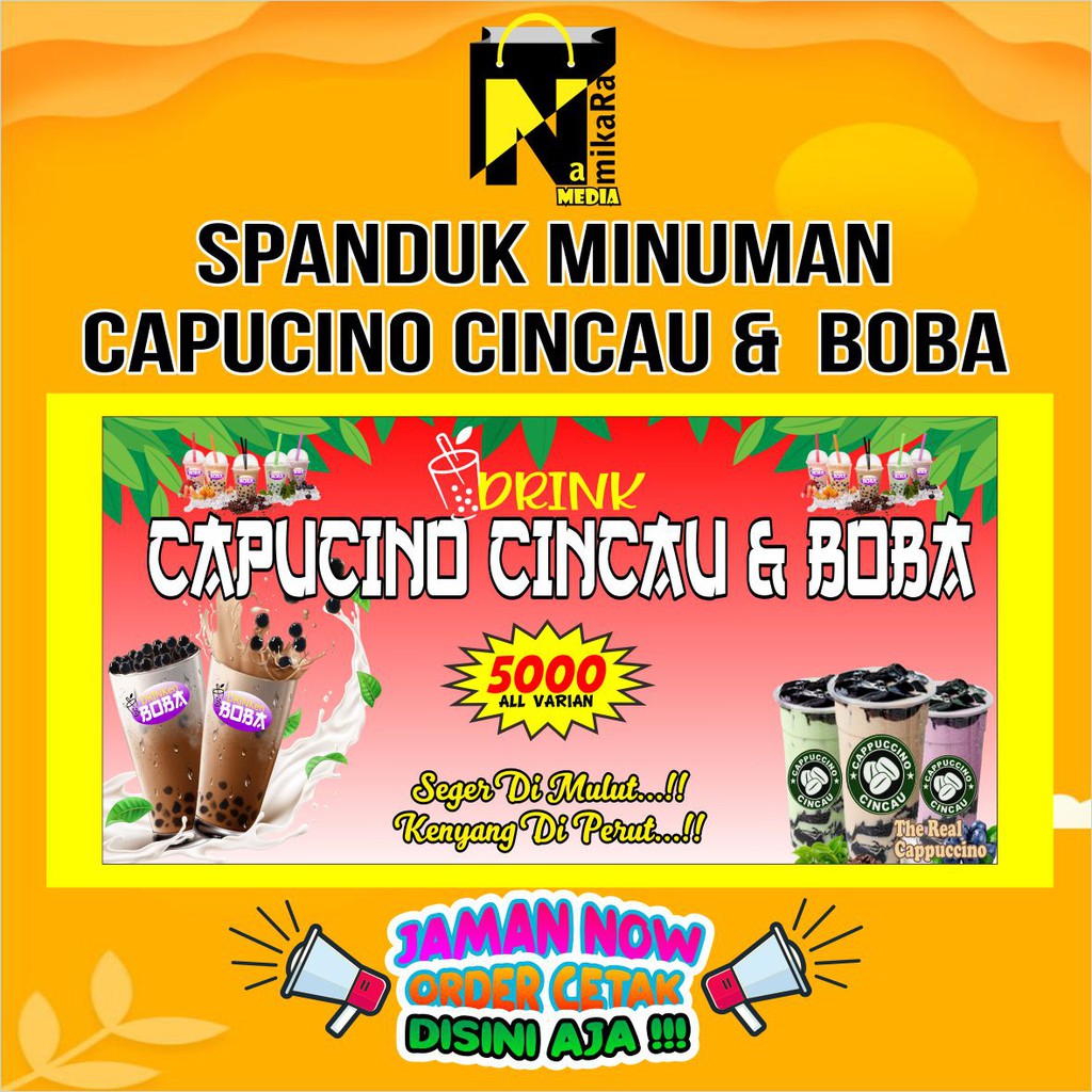 Spanduk Banner Backdrop Capucino Cincau dan Boba/ Dalgona / Spanduk Minuman Capucino Cincau , Boba &