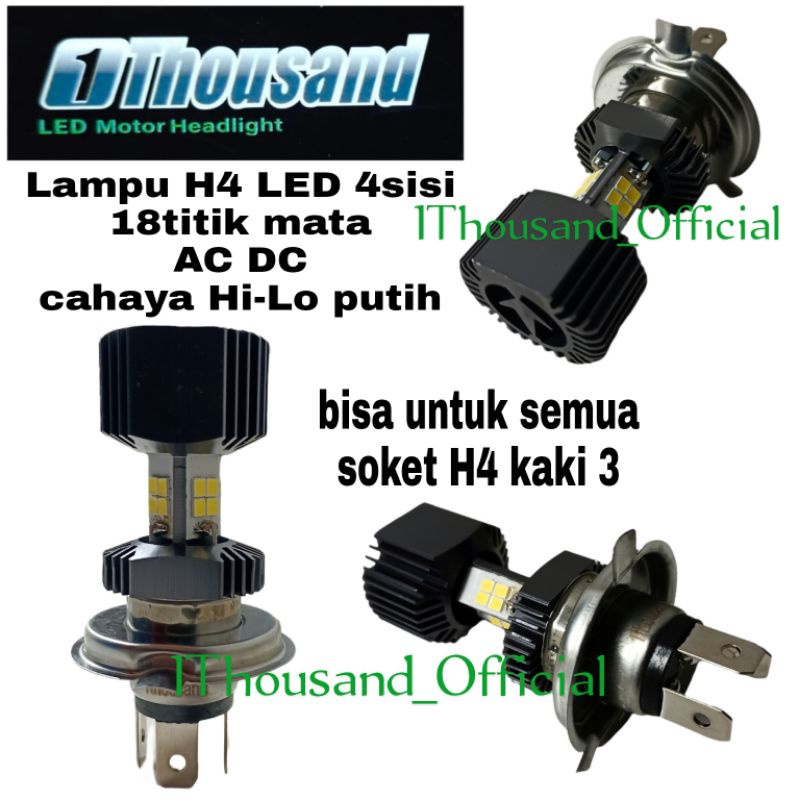 1Thousand lampu LED H4 4sisi 18titik mata Hi Lo cahaya putih/Lampu Depan Led H4 4sisi AC DC Lampu Mo