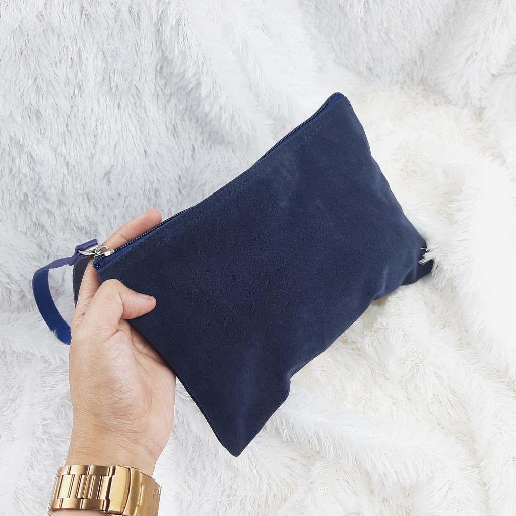 Pouch SUEDE Premium - Handle Kulit - Bahan lebih TEBAL (BISA DI CUSTOM NAMA)