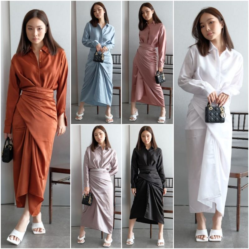 ❣️SPECIAL PRICE ♡ PREMIUM ♡ ORIGINAL ! CHRISTLE 2 IN 1 SET LONG SLEEVE COLLAR BUTTON WRAP MAXI  GAMIS / SETELAN KEMEJA &amp; ROK LILIT ( BUSUI &amp; HIJAB FRIENDLY )