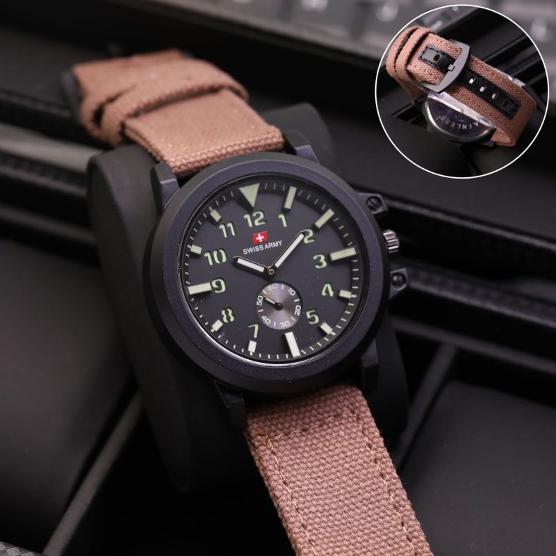 Promo  Jam Tangan Casual Pria SwisMade Detik Bawah & Tangal Aktif Tali Kanvas