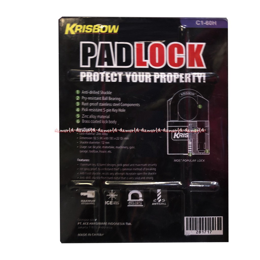 Krisbow Padlock C1-60H Gembok Kuning Anti Drill Anti Karat 3 Kunci Kris Bow Pad Lock C160H Gembok Stainless Steel