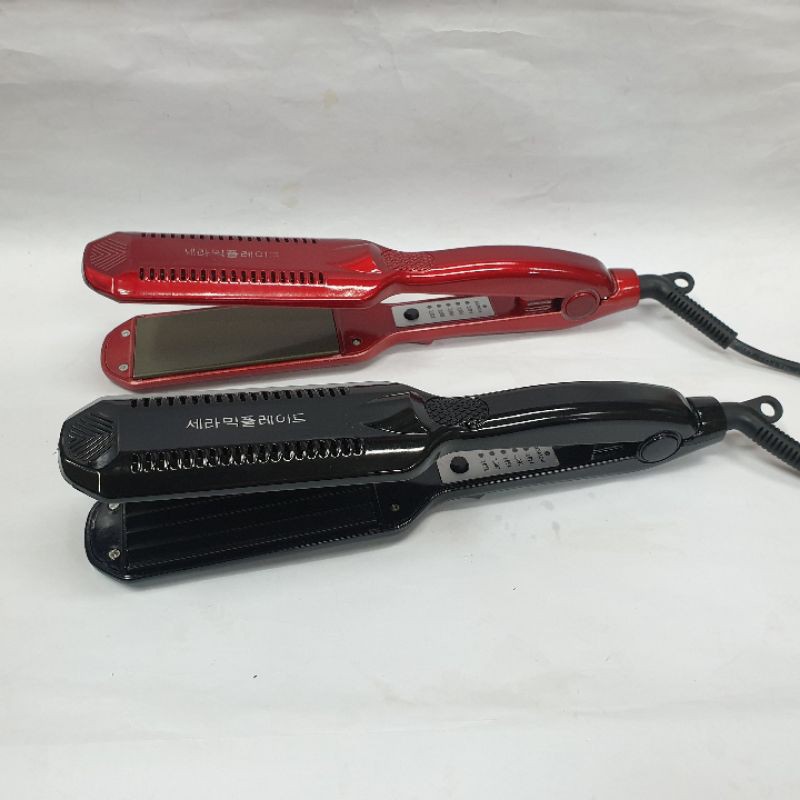 Alat catok 2in1 Curly Zigzag Baba Pelurus Rambut Rebonding Kriting Salon Plat Lebar Murah Bagus Ori