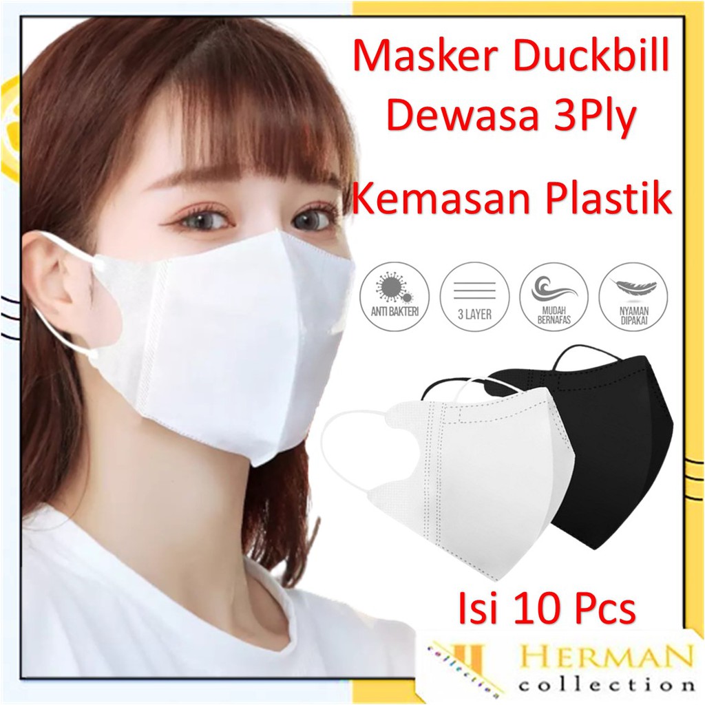 HC Masker Duckbill Hitam 3Ply 10Pcs Mask Earloop 3D Putih