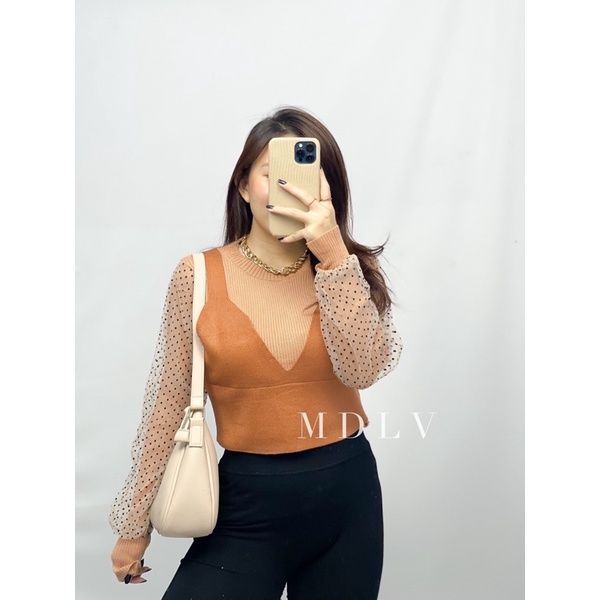 MDLV ~ F111# Tinydot Knitted 2pcs Set Atasan Blouse Vest Rajut Korea Import