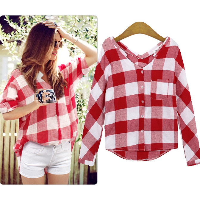 Ready Stock Kotak-kotak Fashion Kasual Kemeja Katun Linen Wanita Blouse Leher V Lengan Panjang