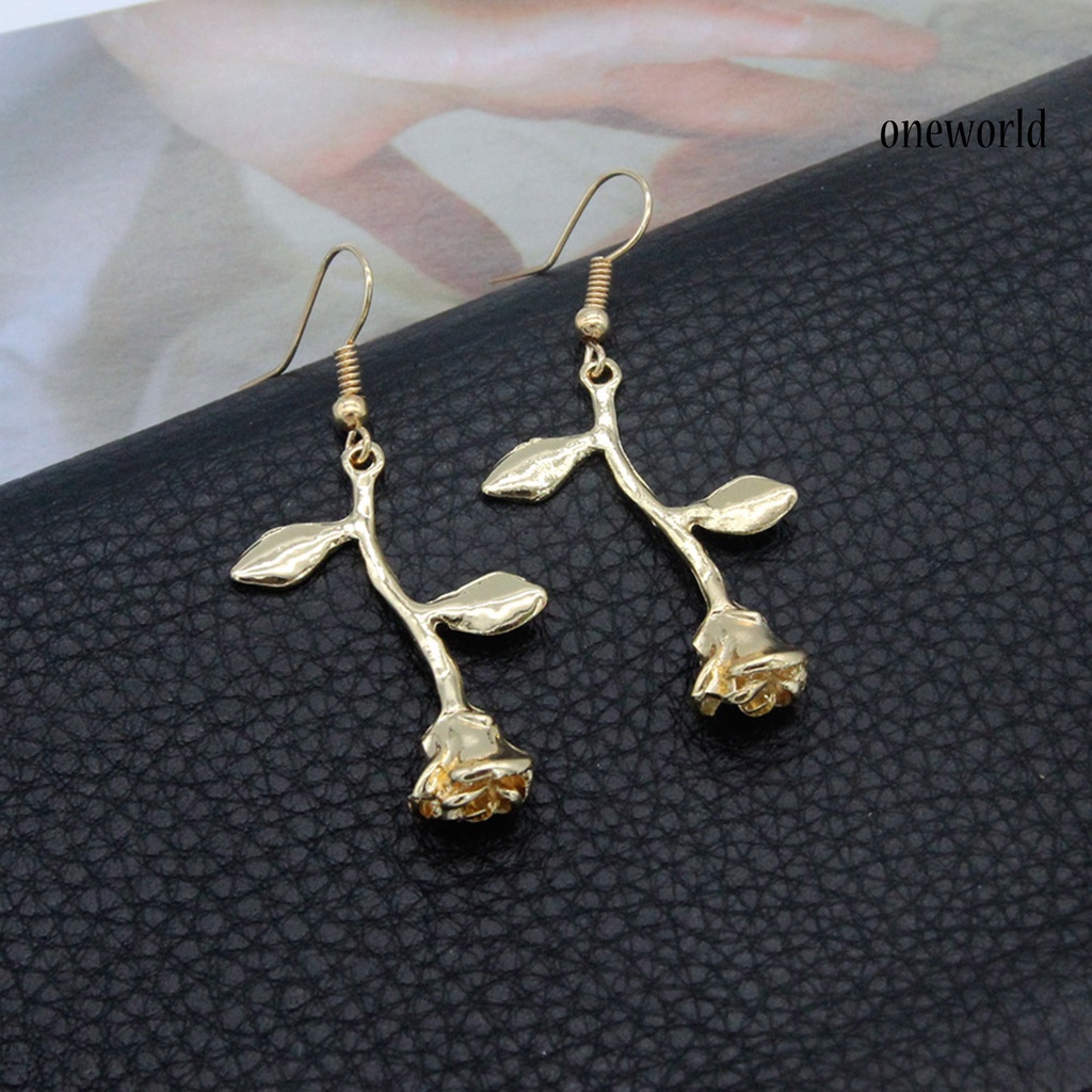 OW# Vintage Rose Flower Leaf Dangle Hook Earrings Leaf Ear Stud  for Women Girl