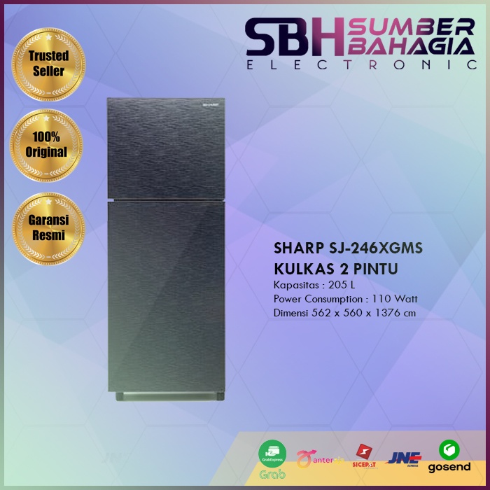 SHARP SJ-246XGMS KULKAS 2 PINTU SILVER 205 LITER AG+ NANO DEODORIZER, BIG FREEZER 100 WATT 560 X 562
