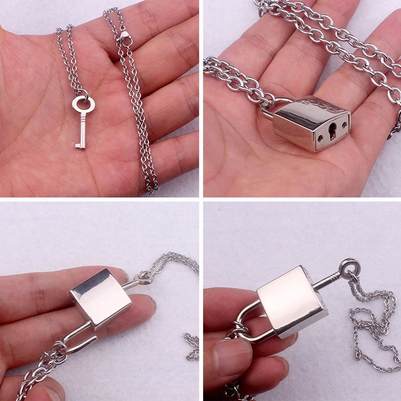 Kalung 2 Susun Gaya Punk Hiphop Rock Gothic dengan Liontin Gembok+Kunci Warna Silver