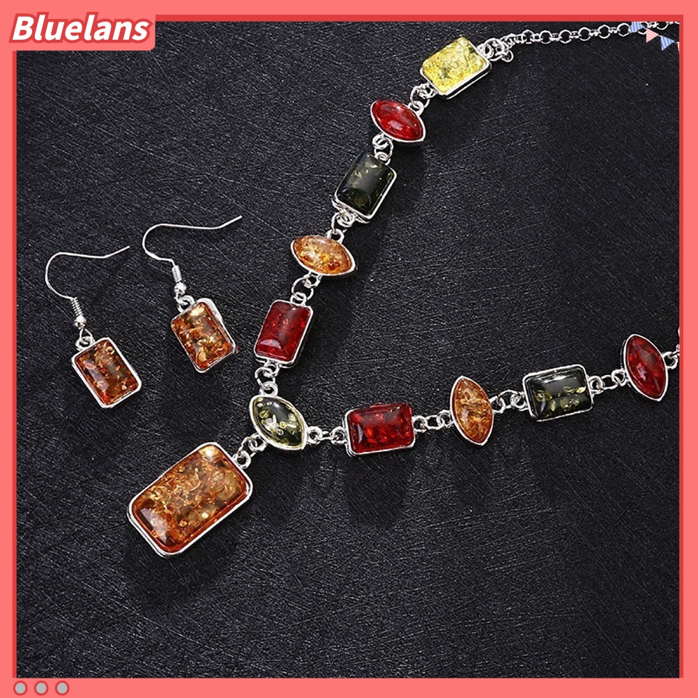 Bluelans Square Oval Amber African Style Women Necklace Hook Earrings Party Jewelry Set