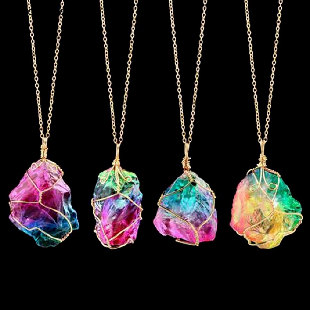 (AdornmentNo1) Kalung Rantai Dengan Liontin Batu Kristal Chakra Rock Warna Pelangi Untuk Wanita