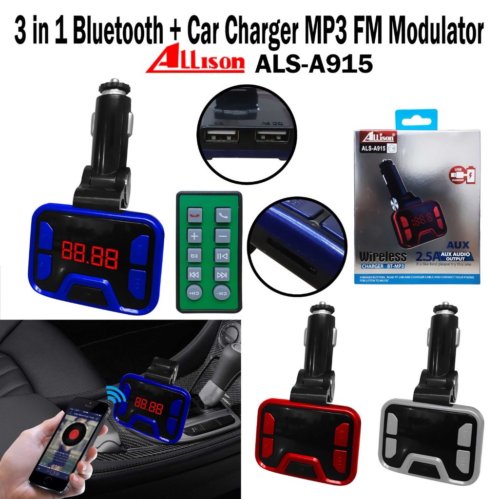 3 in 1 Bluetooth Car Charger mp3 FM Modulator A915- 2 Ports USB