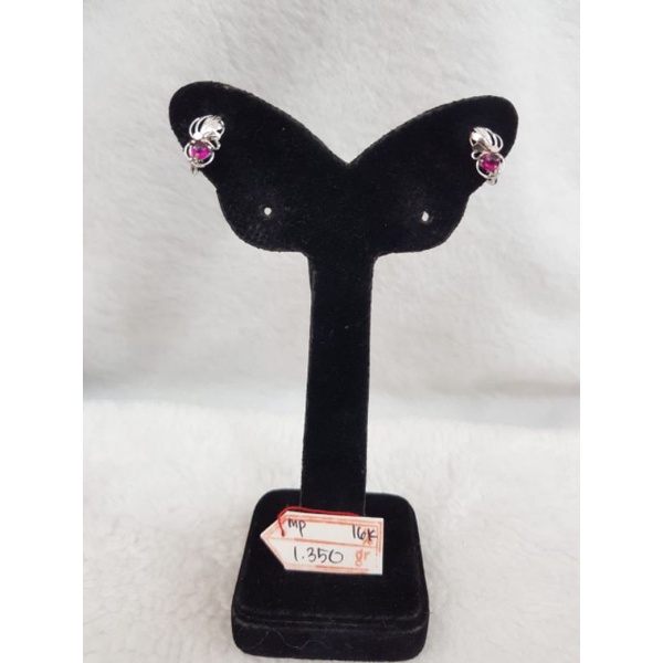 AT2006N440N anting klip model bunga mata batu merah delima emas putih asli berat 1.350 kadar 70% 16k