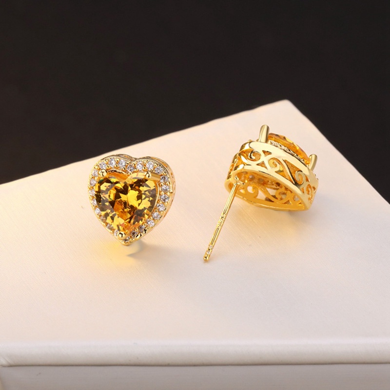 Fancyqube Anting Stud 925 Silver Bentuk Hati Aksen Batu Permata Zirkon Citrine Untuk Wanita
