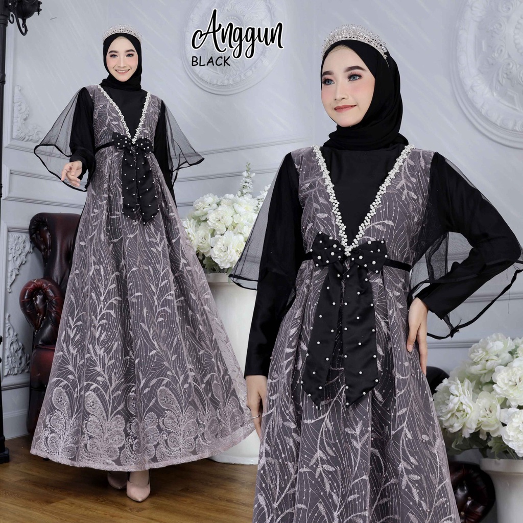 Anggun Gamis pesta mewah brukat tile muslimah bridemaids baju kondangan gaun pesta wisuda gaun walimatul