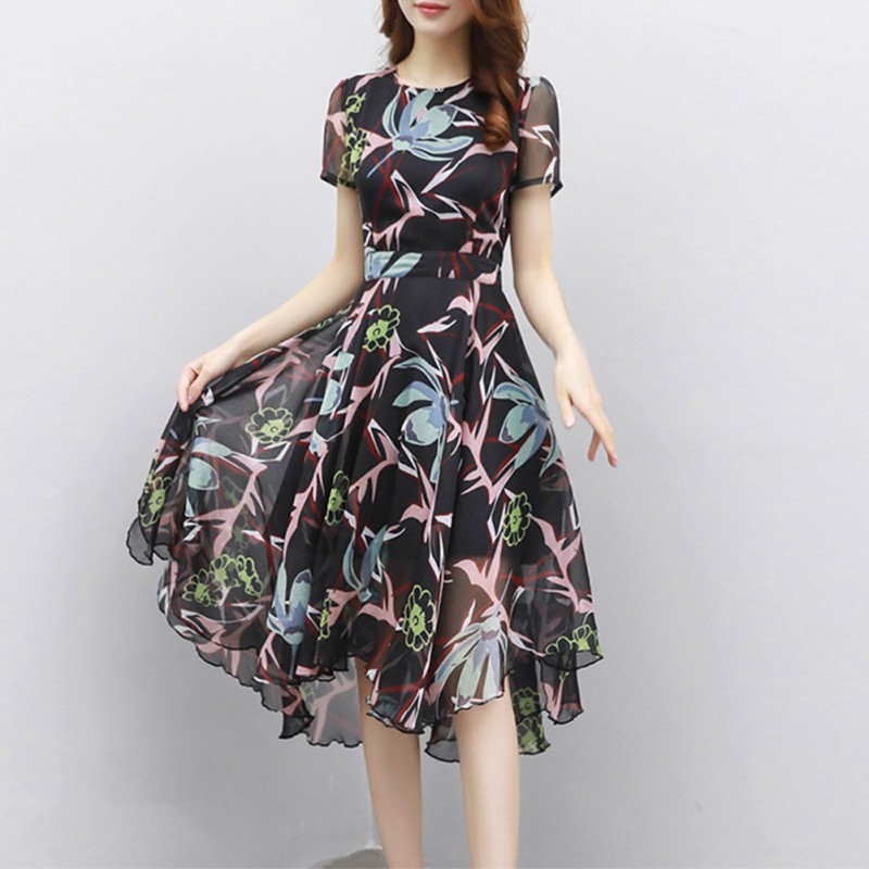 Dress Temperament Slim Elegan Gaya Korea Bahan Sifon Motif Bunga