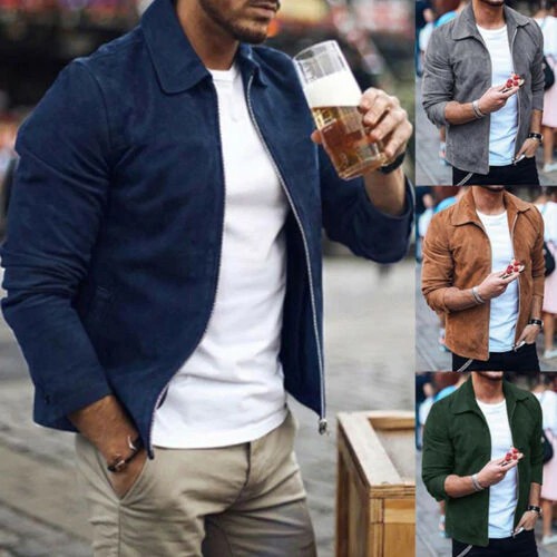 POTONGAN Fashion Mens Suede Leather Jacket Slim Fit Biker Motorcycle Jacket Coat Outwear