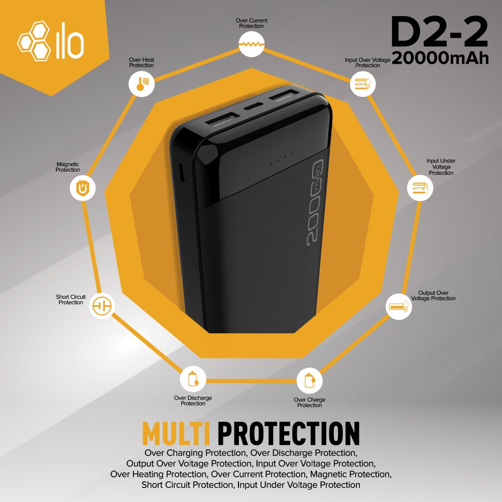 Powerbank ILO D2 20000mAh Smart Detect Charging - Multi Protection - Flight Friendly