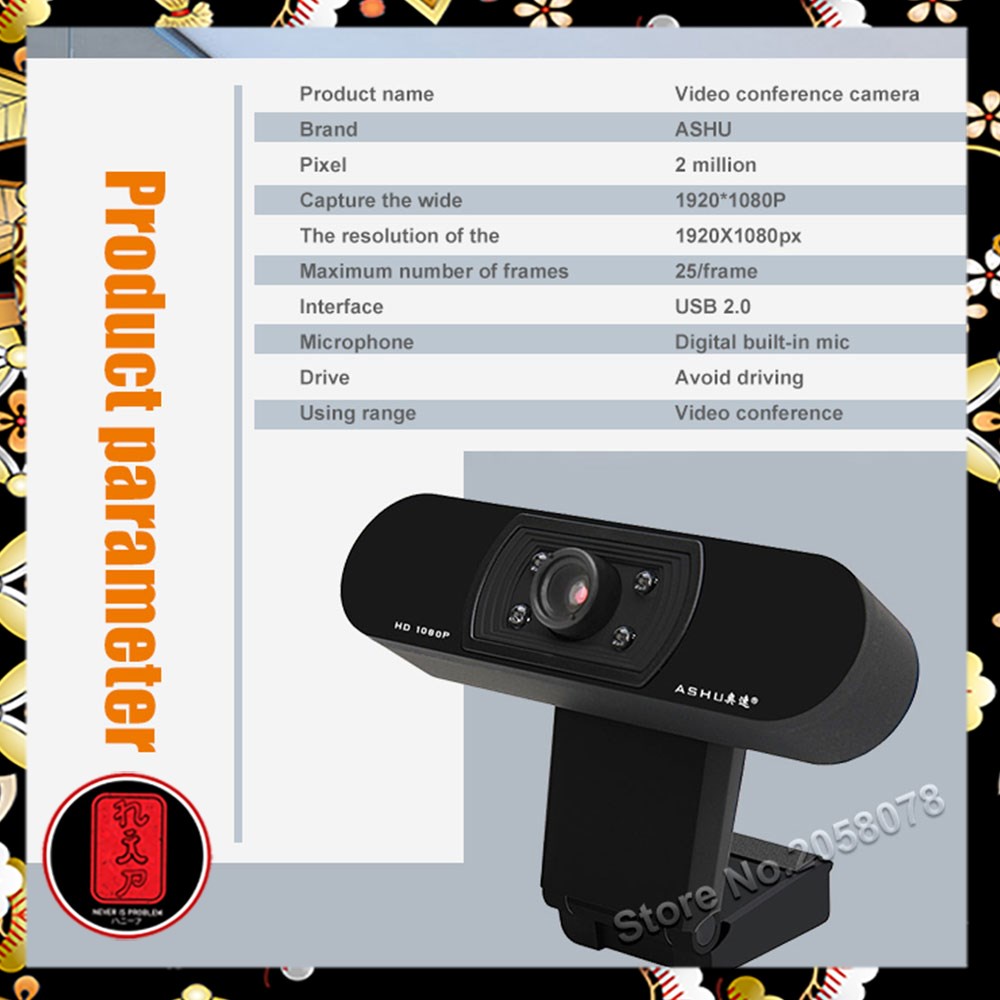 ASHU HD Webcam Desktop PC Laptop Video Conference 1080P with Microphone - H800 - Black
