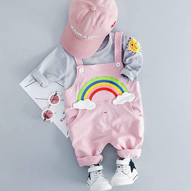 setelan overall cloudy and rainbow pink