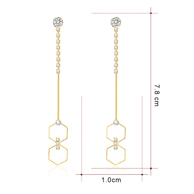 LRC Anting Tusuk Fashion Real Gold Alloy Rhinestone Pearl Geometric Stud Earrings F79760