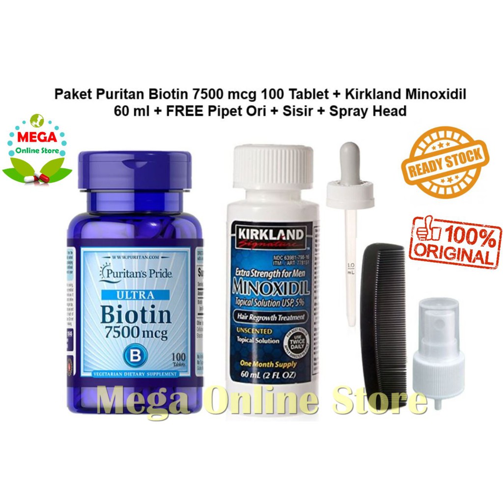 PIPET ORI + Kirkland Minoxidil 60 ml + Puritan Biotin 7500 mcg 100 Tablet