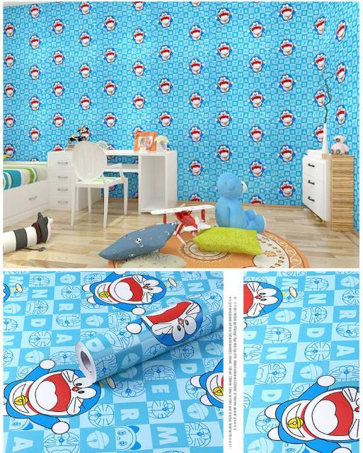 Wallpaper Dinding Kamar Tidur Motif Doraemon Kotak