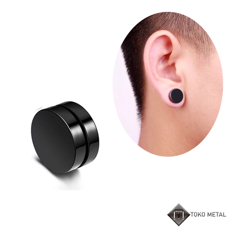 Anting Magnet 100% Titanium Anti Karat Pria Silver &amp; black [ Toko Metal ]