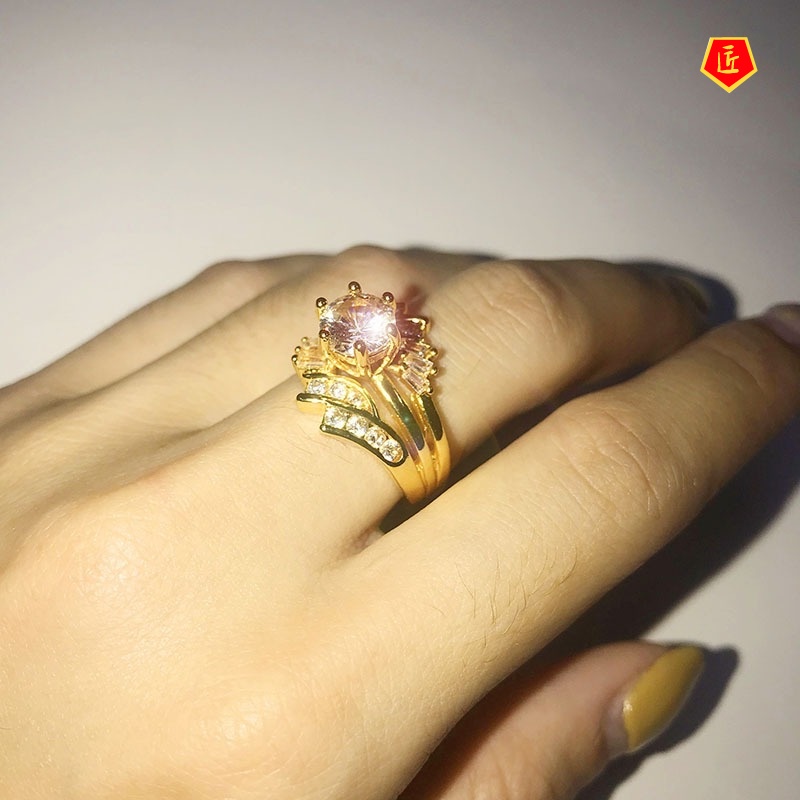 [Ready Stock]Fashion Personality 18K Gold Irregular Ladder Square Diamond Ring