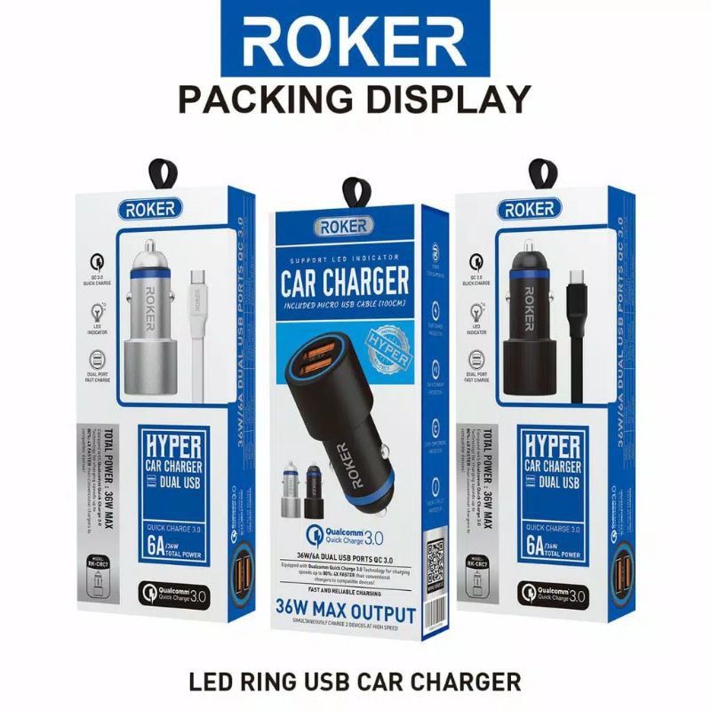 Roker Hyper Car Charger 36W/6A Dual USB Ports QC 3.0