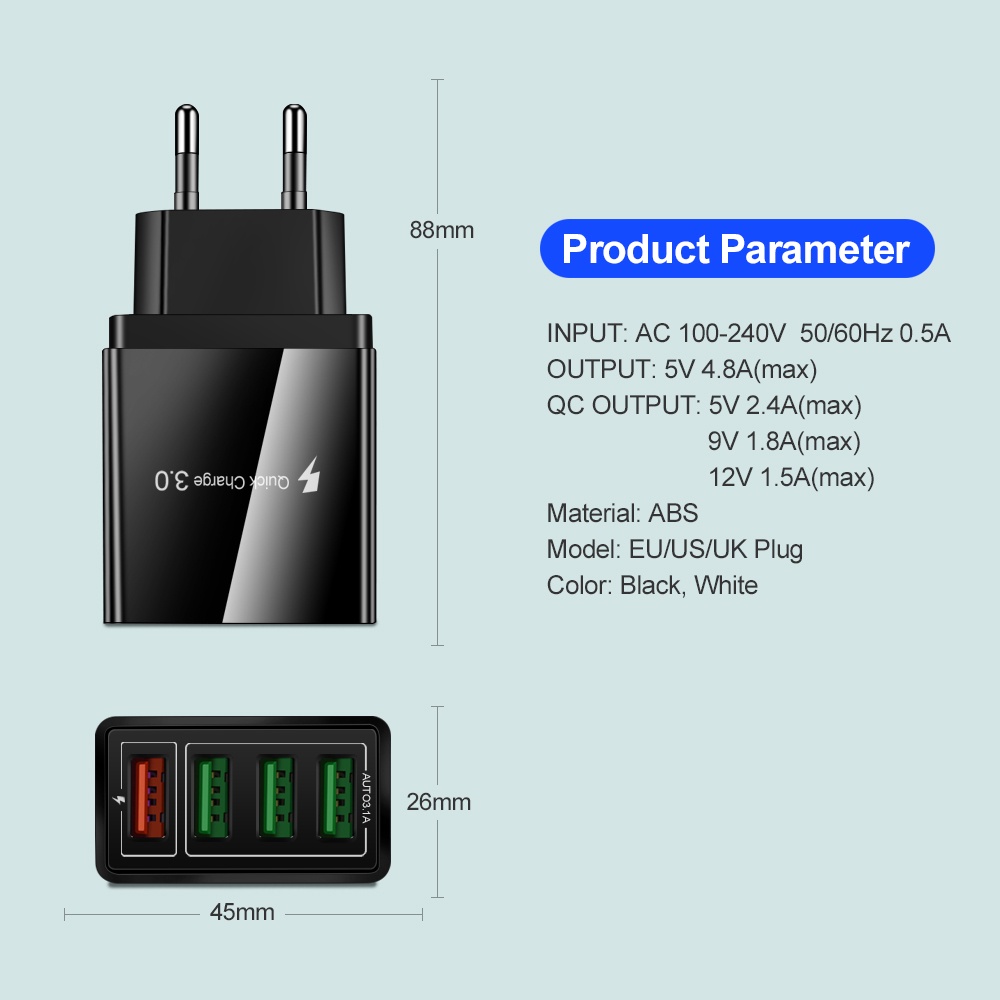 Travel Charger USB Fast Charging 4 Port QC3.0