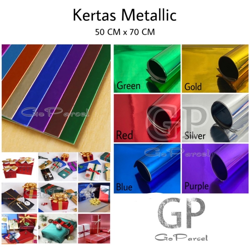 ( 5 Lembar ) KERTAS METALIK - KERTAS KADO PREMIUM METALIK - GIFT WRAPPING PAPER METALLIC / MENGKILAP / SHINY MERAH BIRU HIJAU EMAS UNGU PERAK / SILVER GOLD RED BLUE GREEN PURPLE / DIY / VINTAGE CLASSIC