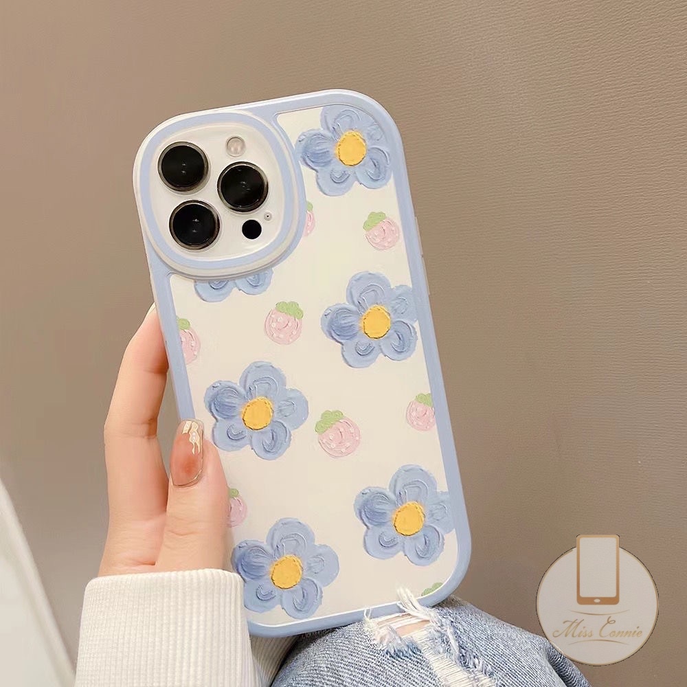 Ins Bunga Biru Case Realme C35 C55 C53 C30 C25 8i C25s C12 GT Master Edition C21 C20A C21Y C31 C15 8Pro 6s 8 C11 C3 5S 7i 10 7 C20 5 C17 5i 6i Lukisan Minyak Strawberry Soft Cover