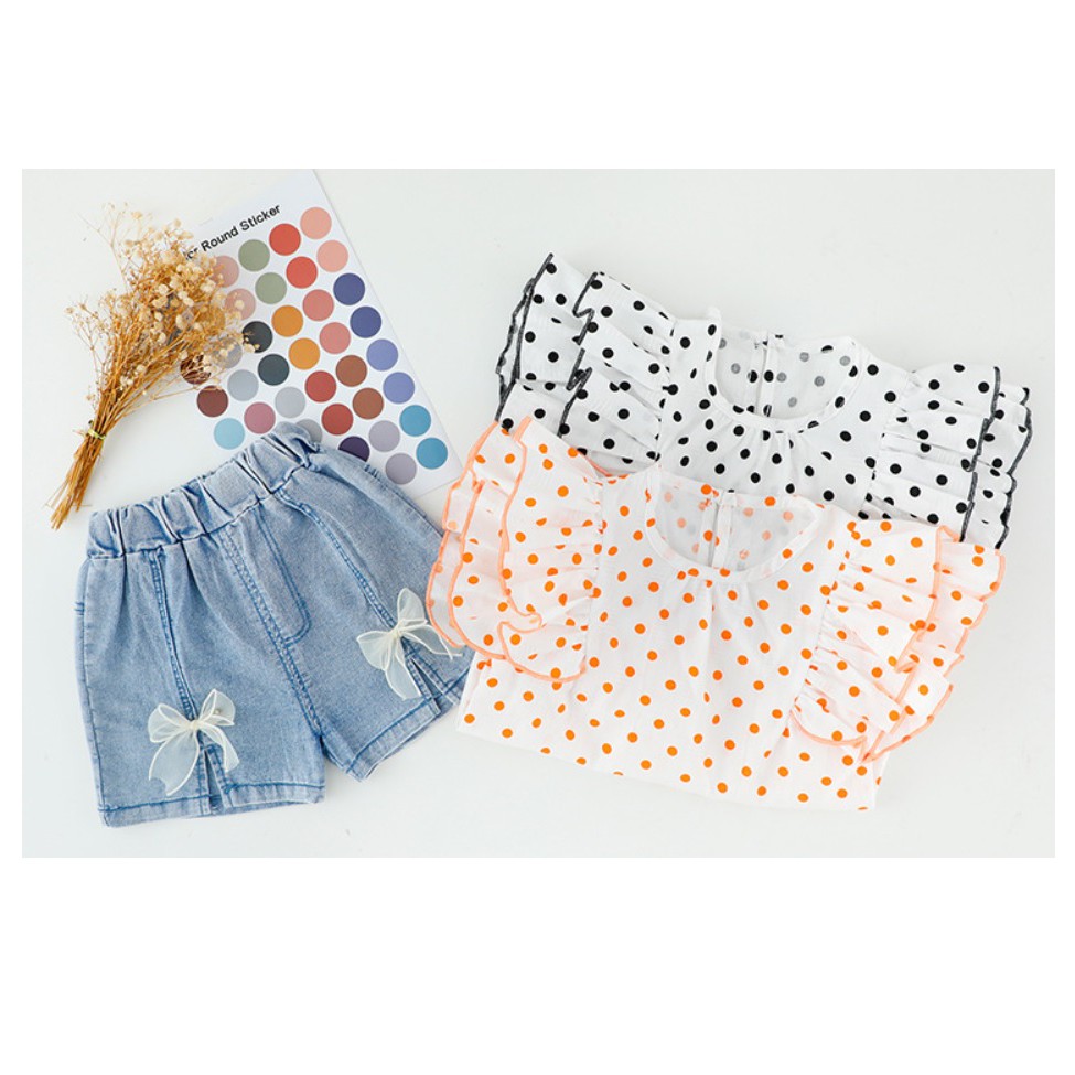 Setelan baju atasan dan jeans anak/pakaian bayi anak perempuan motif polkadot kualitas premium