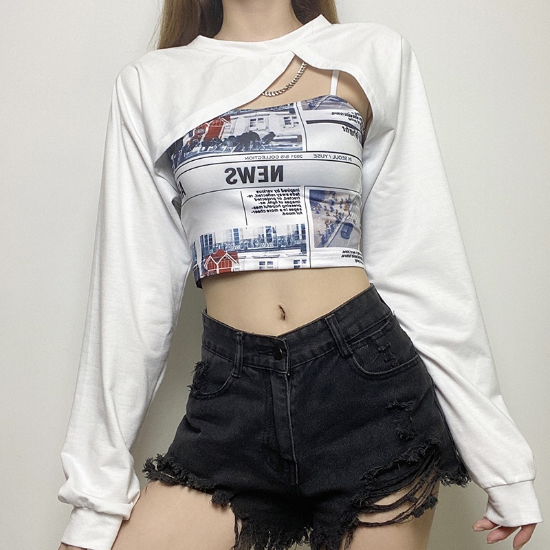 #Sisjuly # Amerika Street Retro Hip-hop Bi-ready Tidak Beraturan Lengan Panjang T-shirt Suspender Top