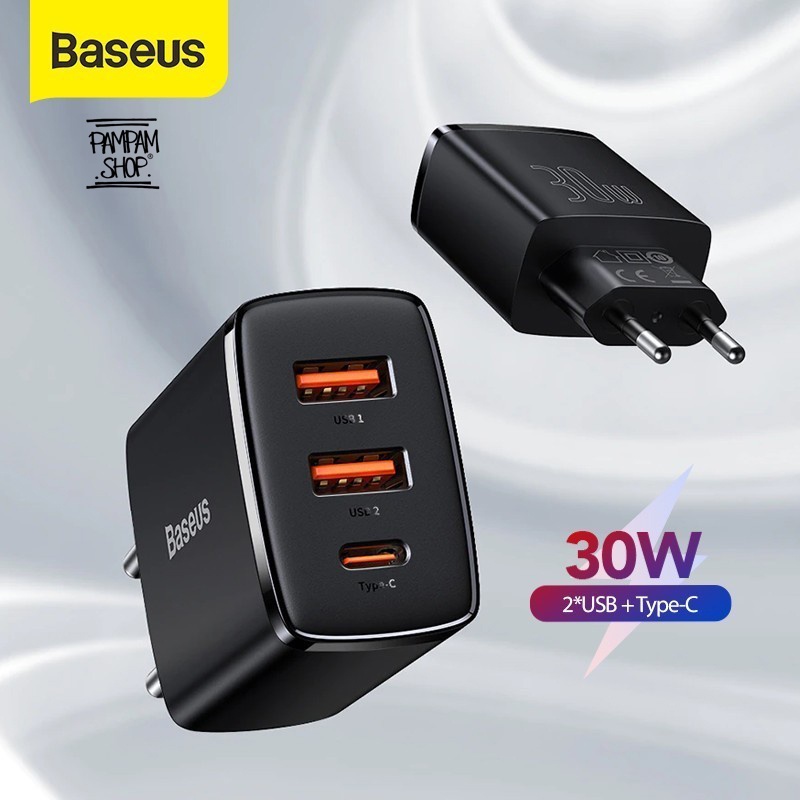 Jual BASEUS Adaptor Charger Compact 30W 3A Adapter 2 USB 1 Type C Casan