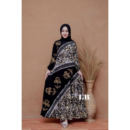 Gamis Twill Rayon Malaman Terbaru Kekinian Busui | Gamis Tiedye NEW-Na kuning bunga