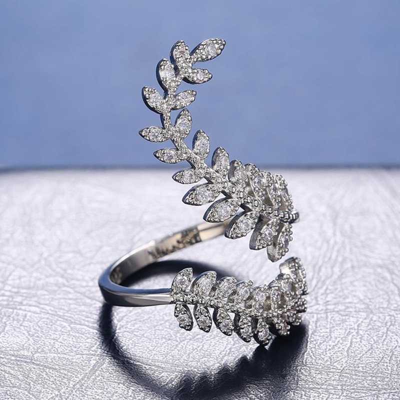Fancyqube Perhiasan Cincin Lapis Silver Bentuk Daun Tanaman Panjang Aksen Zirkon Untuk Wanita