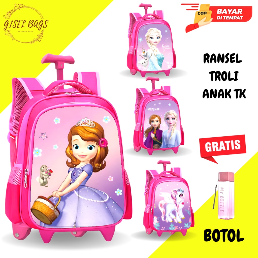 GB Tas ransel troli anak perempuan TK tas sekolah anak timbul bahan tebal tas troli anak import