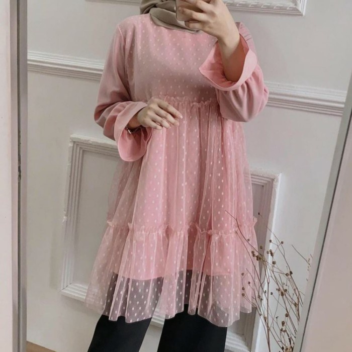 Romansa Tunik Tile Dot Import Atasan Baju Muslim Long Pesta Kondangan - Dusty