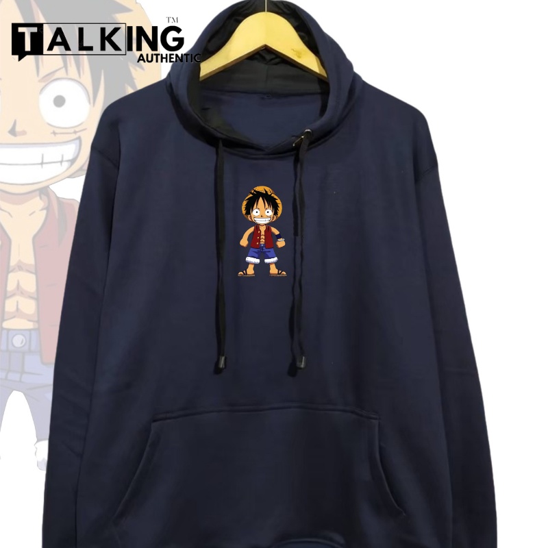 Jaket Hoodie Original Distro TALKING AUTHENTIC NAVY Zipper Anime One piece Luffy Sweater Hodi Animasi Terbaru Lufy Hudi Kartun Jepang Size M L XL XXL Sablon DTF ONE PICE