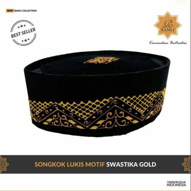 SONGKOK HITAM PECI KOPYAH MOTIF SWASTIKA GOLD